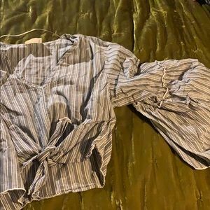 Grey stripe, wide sleeve, tie front blouse